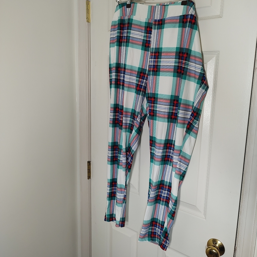 White Plaid Leggings with Teal and Red Check